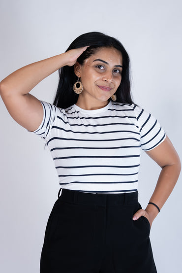 Cap Sleeve Round Neck Bodysuit in WHITE STRIPE
