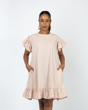Retro Ruffle Shift Dress in Tan