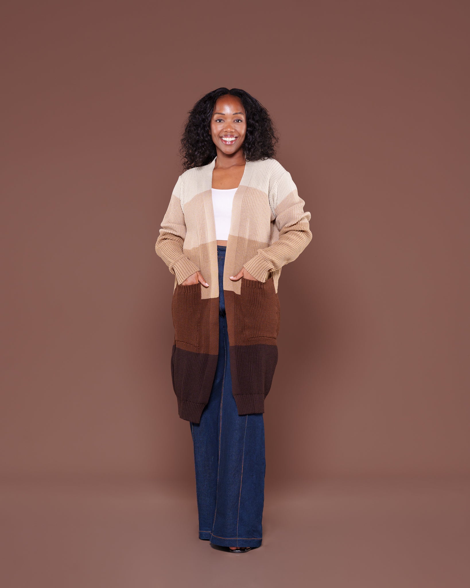 Mocha Monochrome Midi Cardigan | Colour-Block Open Front Knit – Ikojn
