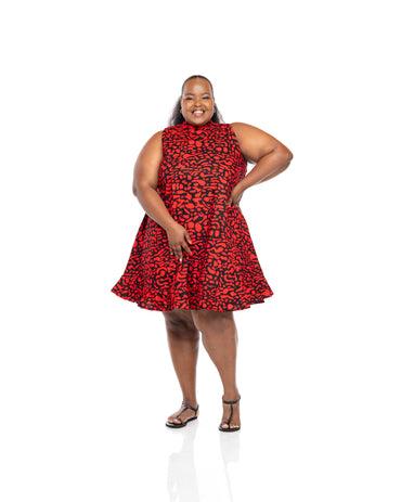 Red and black sleeveless Ankara dress with belted waist and flare silhouette, African print dress for women in Kenya.