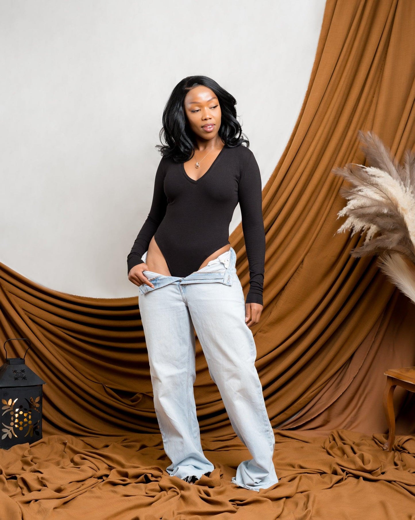Long Sleeve V Neck Bodysuit in Black