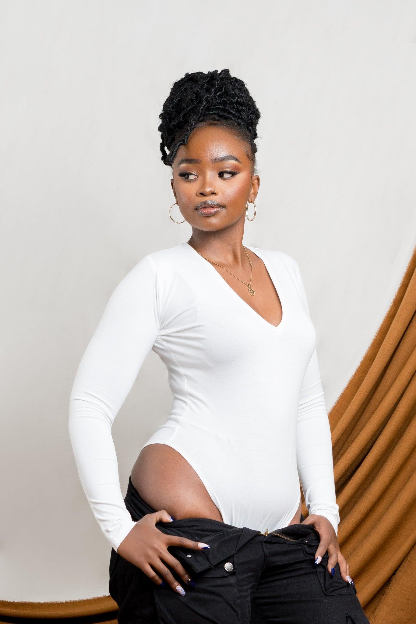 Long Sleeve V Neck Bodysuit in WHITE