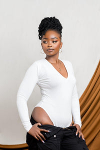 Long Sleeve V Neck Bodysuit in WHITE