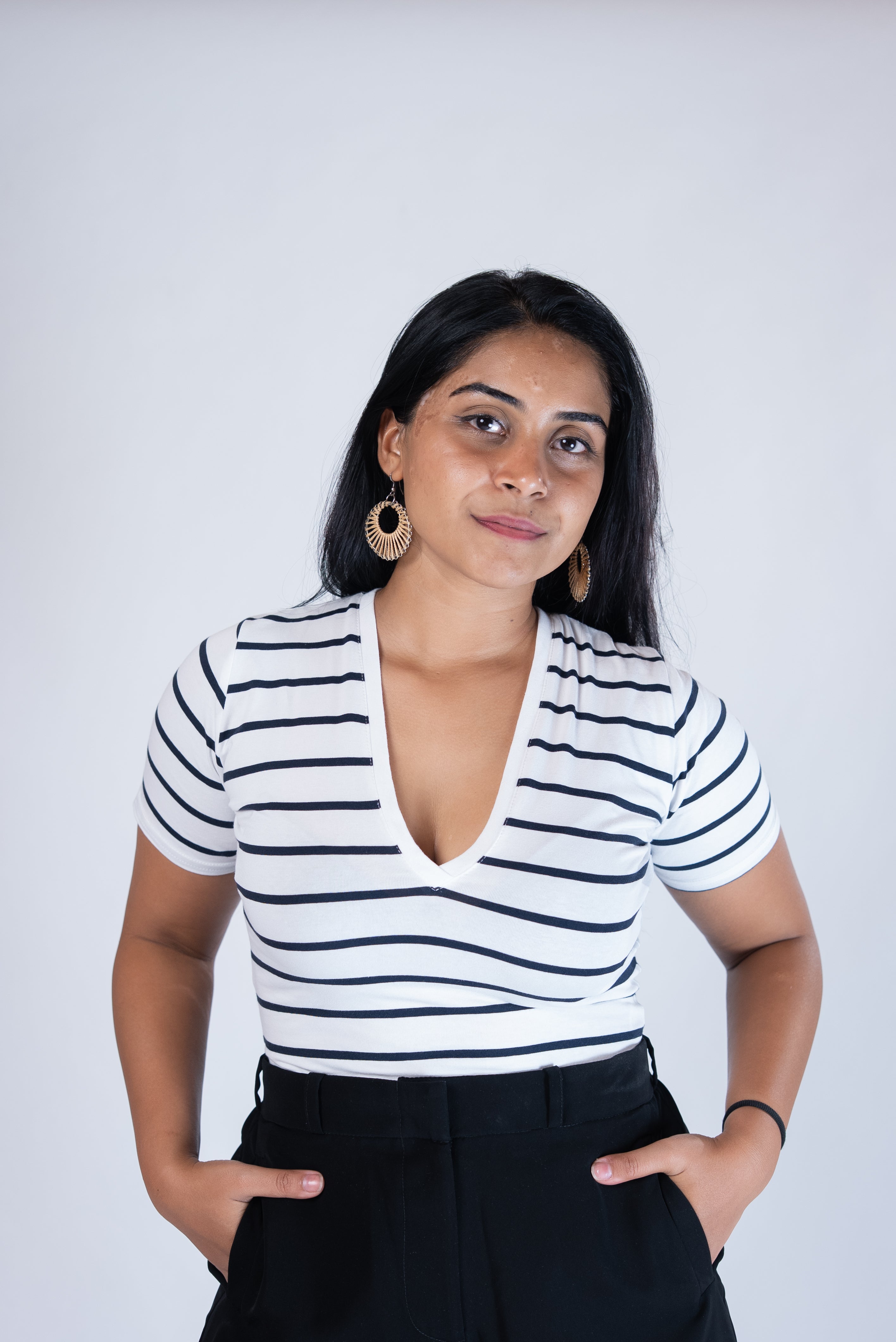 Cap Sleeve V Neck Bodysuit in WHITE STRIPE