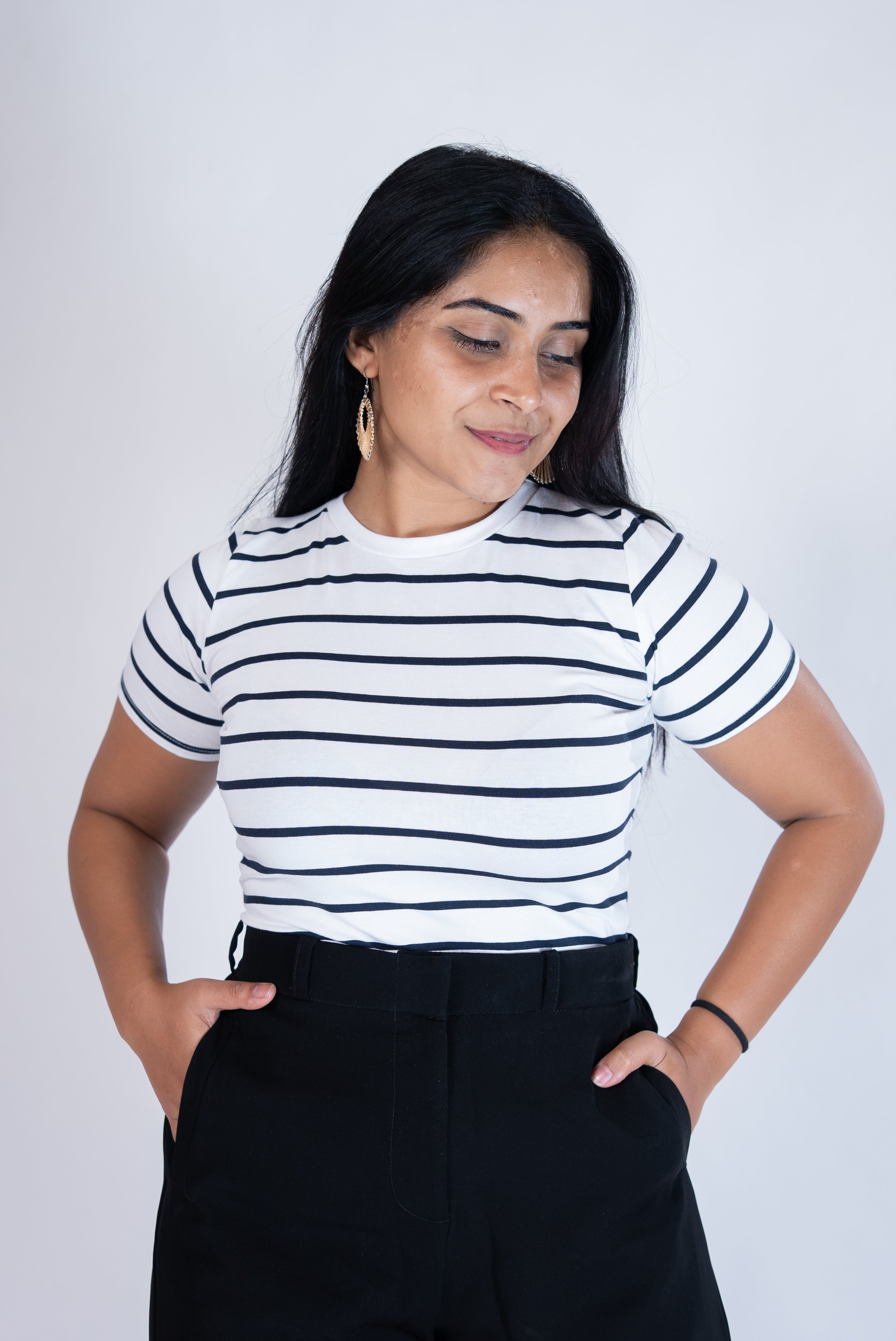 Cap Sleeve Round Neck Bodysuit in WHITE STRIPE