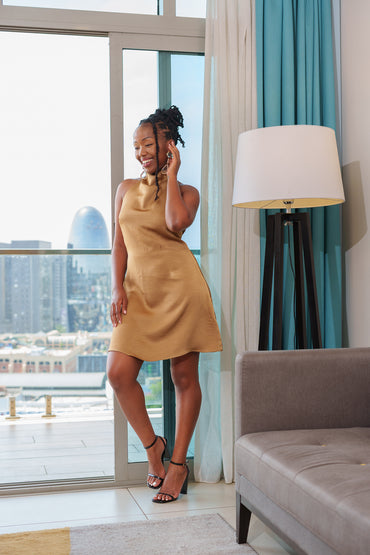 Cowl Back Mini Dress In Tan