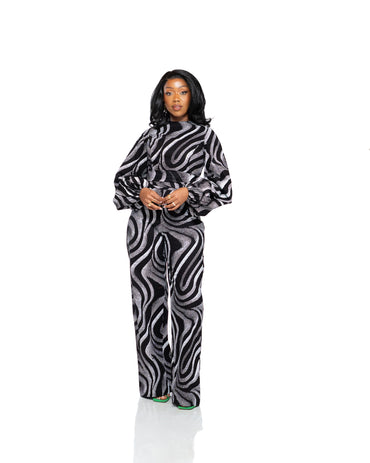 Black and white Ankara wrap top with long voluminous sleeves, African print wax fabric blouse for women in Kenya.