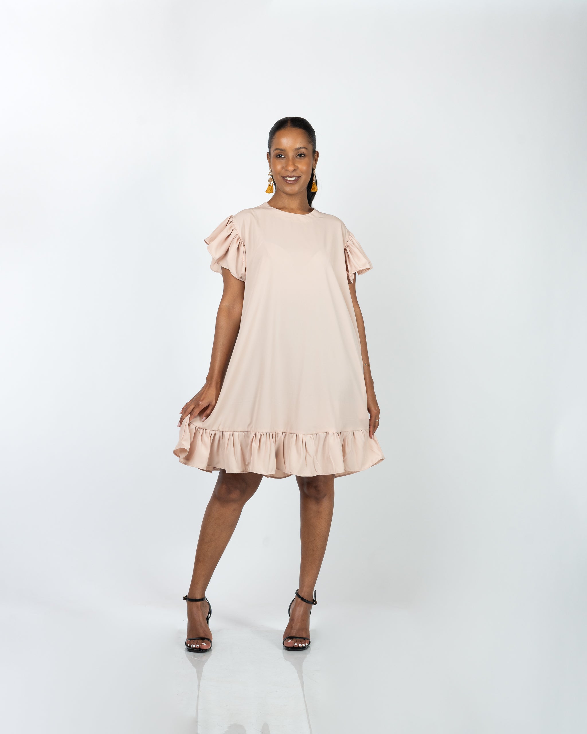 Retro Ruffle Shift Dress in Tan