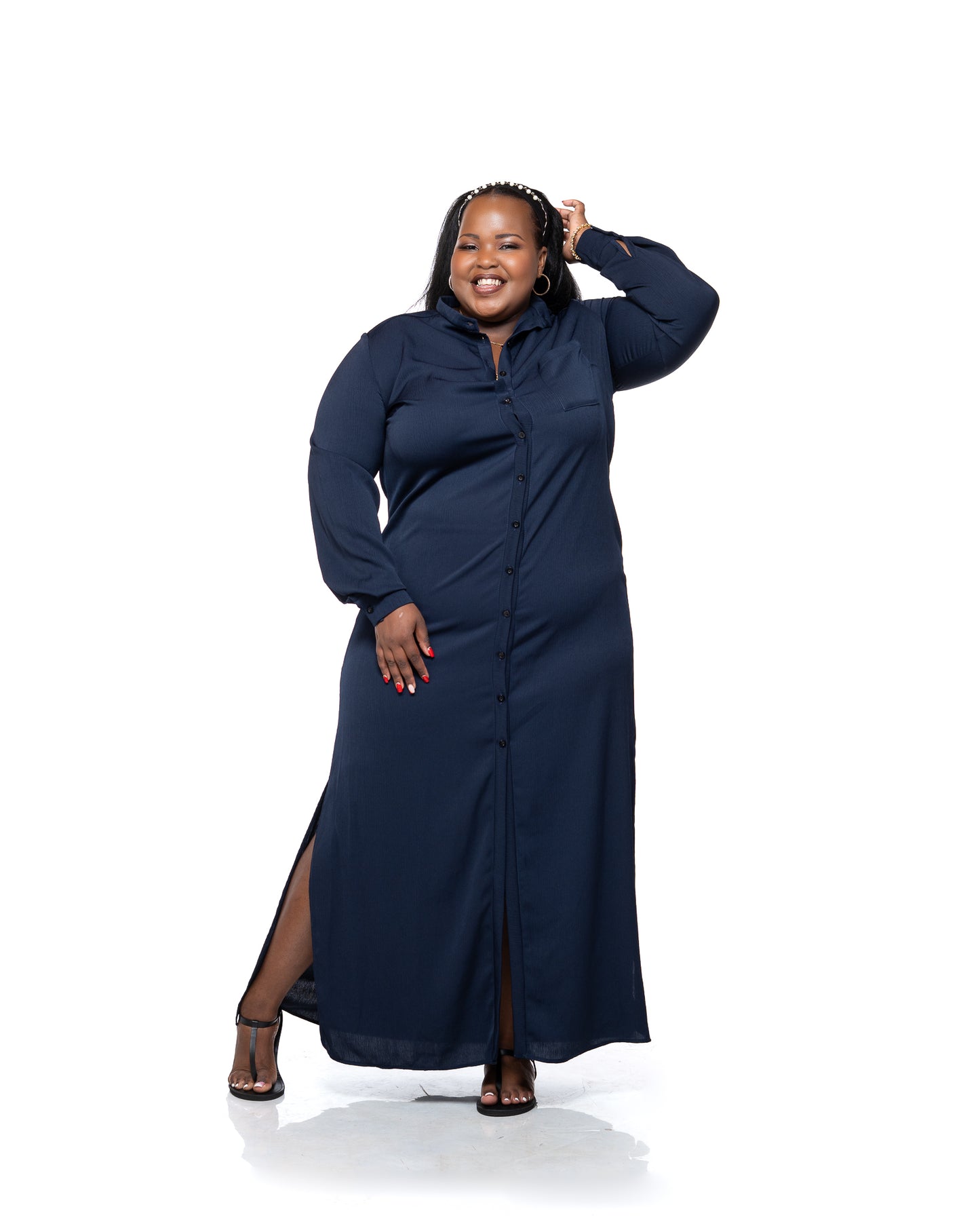 Chiffon Maxi Shirt Dress in Navy