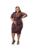 Brown printed bodycon dress with purple floral design, knee-length fitted dress with short sleeves for women in Kenya.