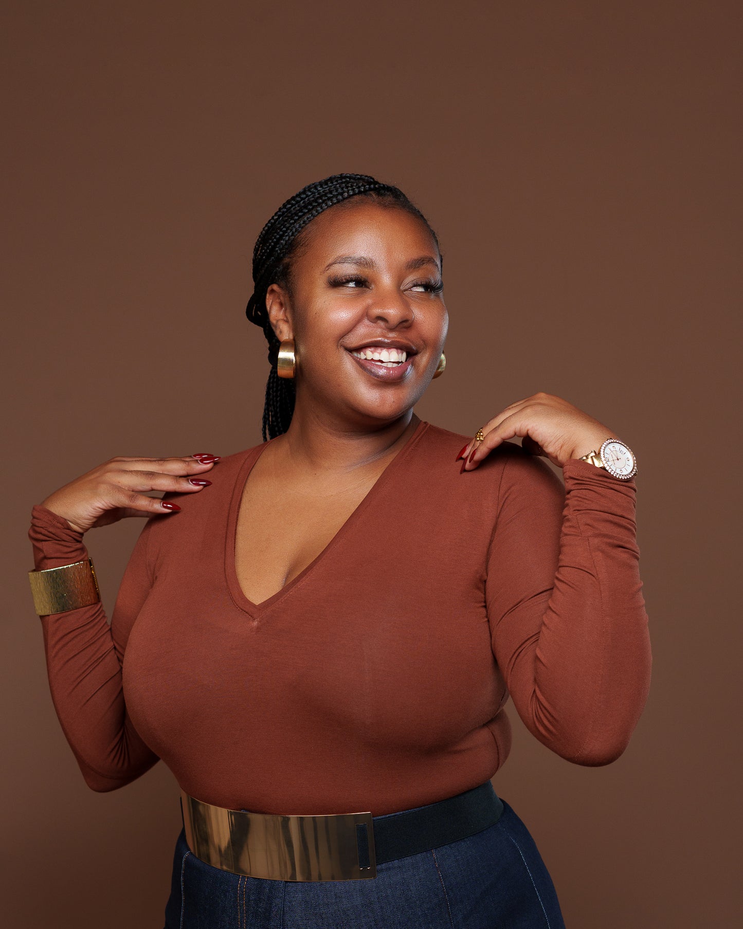 Long Sleeve V Neck Bodysuit in Choco