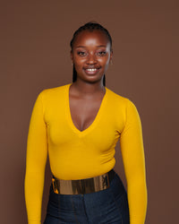 Long Sleeve V Neck Bodysuit in Mustard