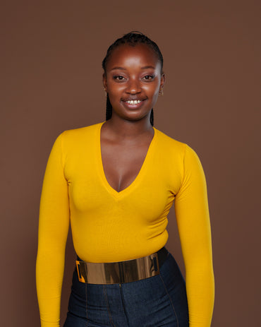 Long Sleeve V Neck Bodysuit in Mustard
