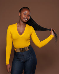 Long Sleeve V Neck Bodysuit in Mustard