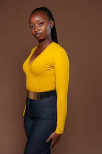 Long Sleeve V Neck Bodysuit in Mustard