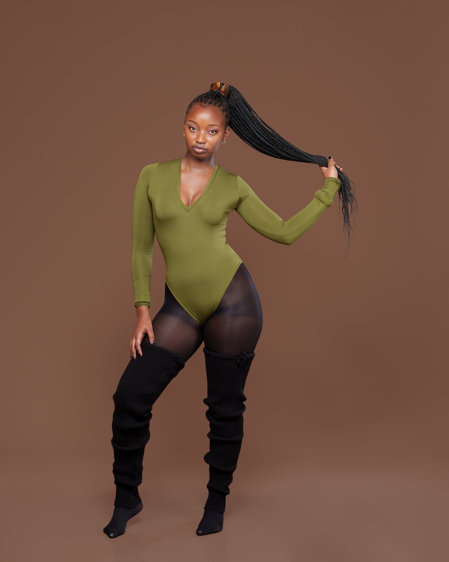 Long Sleeve V Neck Bodysuit in Jungle Green