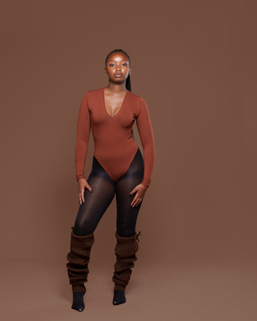 Long Sleeve V Neck Bodysuit in Choco