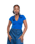 Cap Sleeve V-Neck Crop Tee in Blue