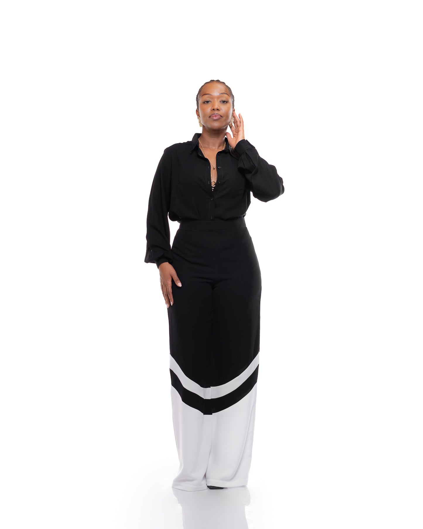 Fluid Wide Leg Two-Tone Pants In Black