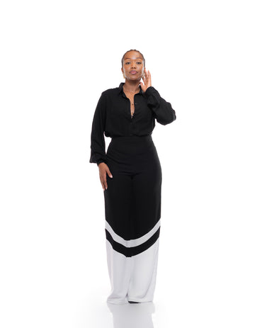 Fluid Wide Leg Two-Tone Pants In Black