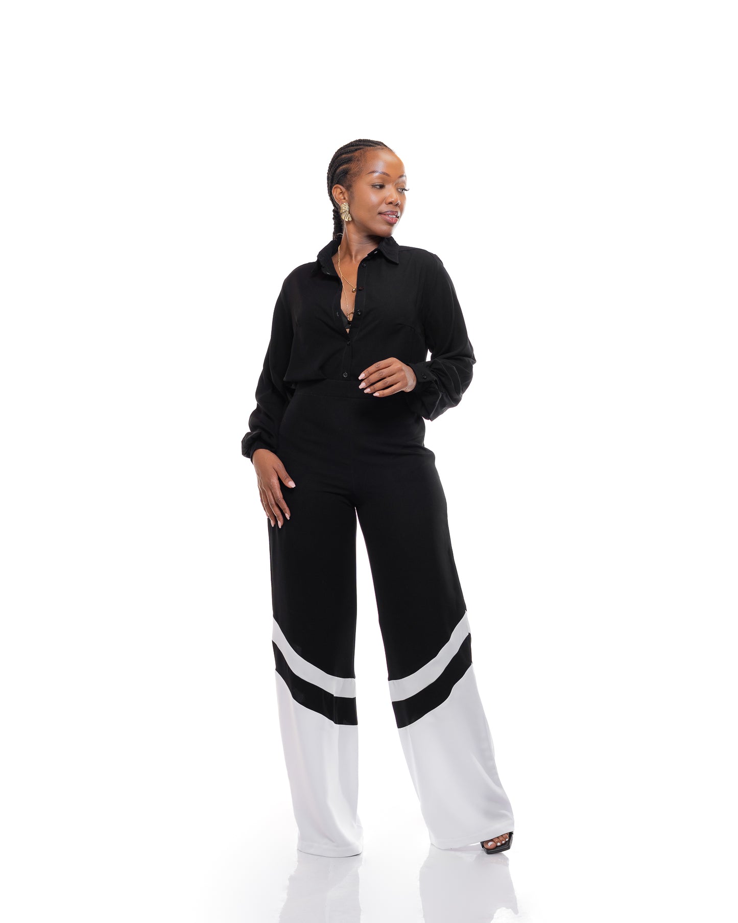 Fluid Wide Leg Two-Tone Pants In Black