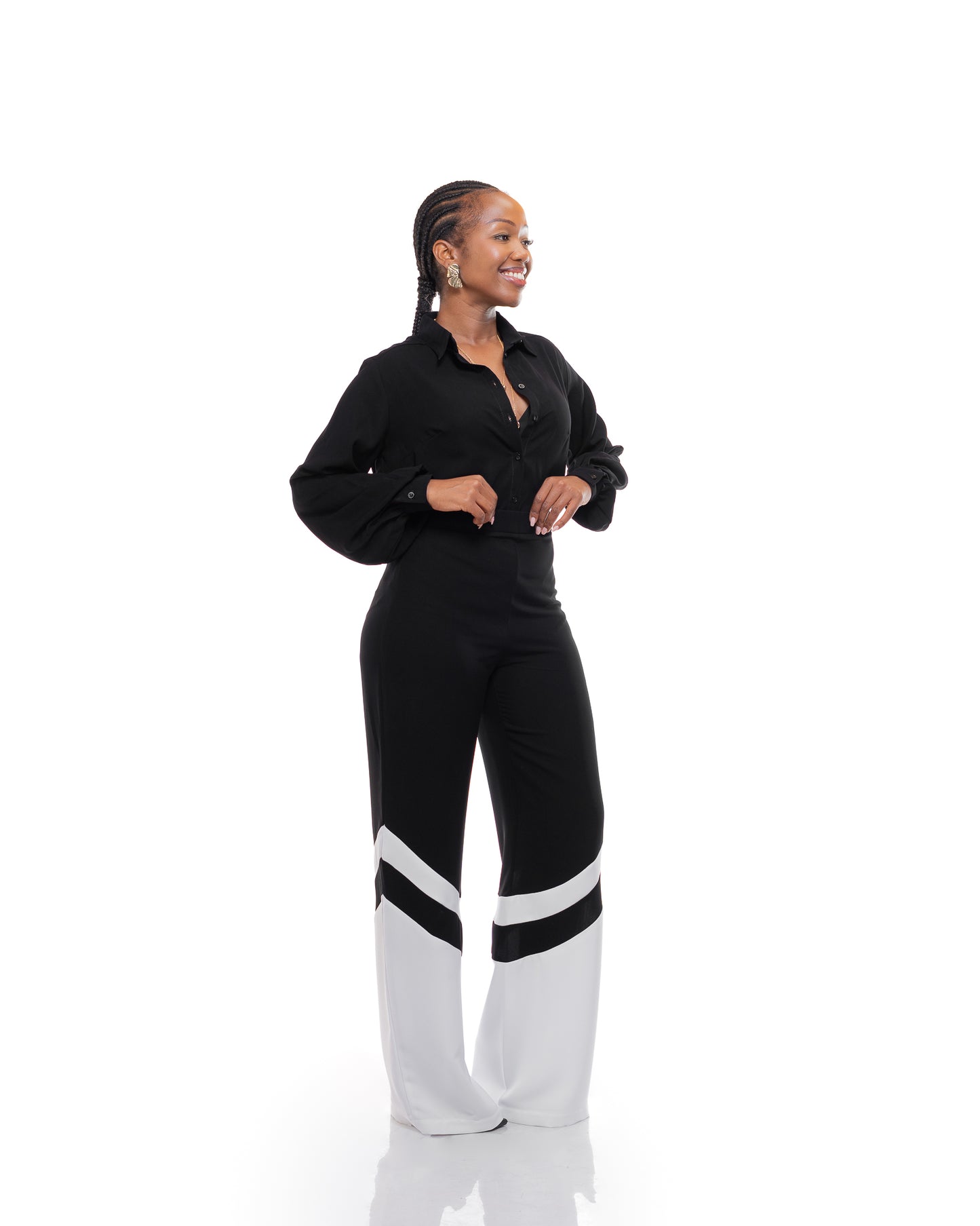 Fluid Wide Leg Two-Tone Pants In Black
