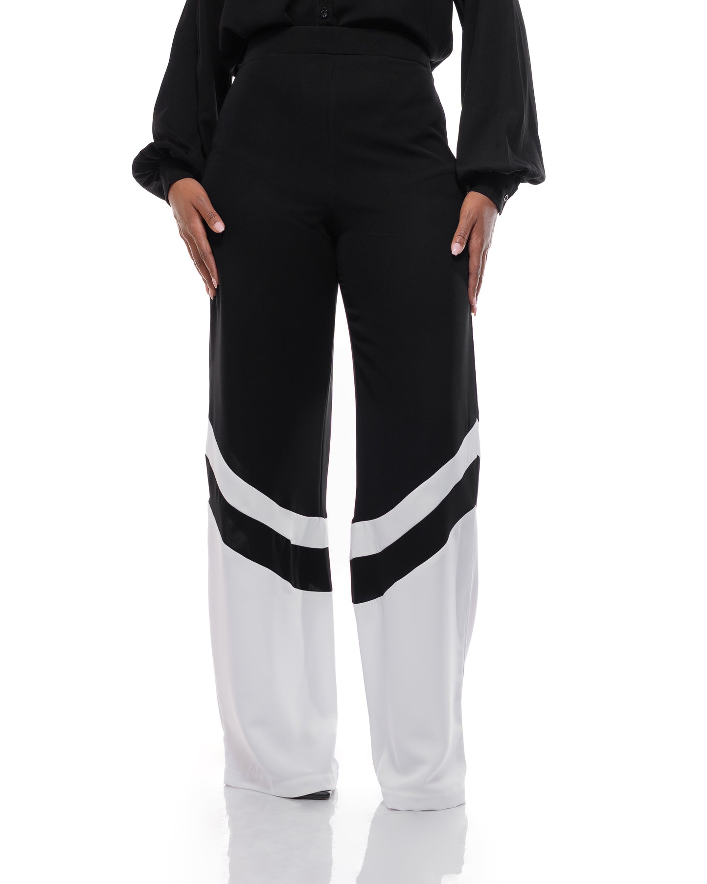 Fluid Wide Leg Two-Tone Pants In Black