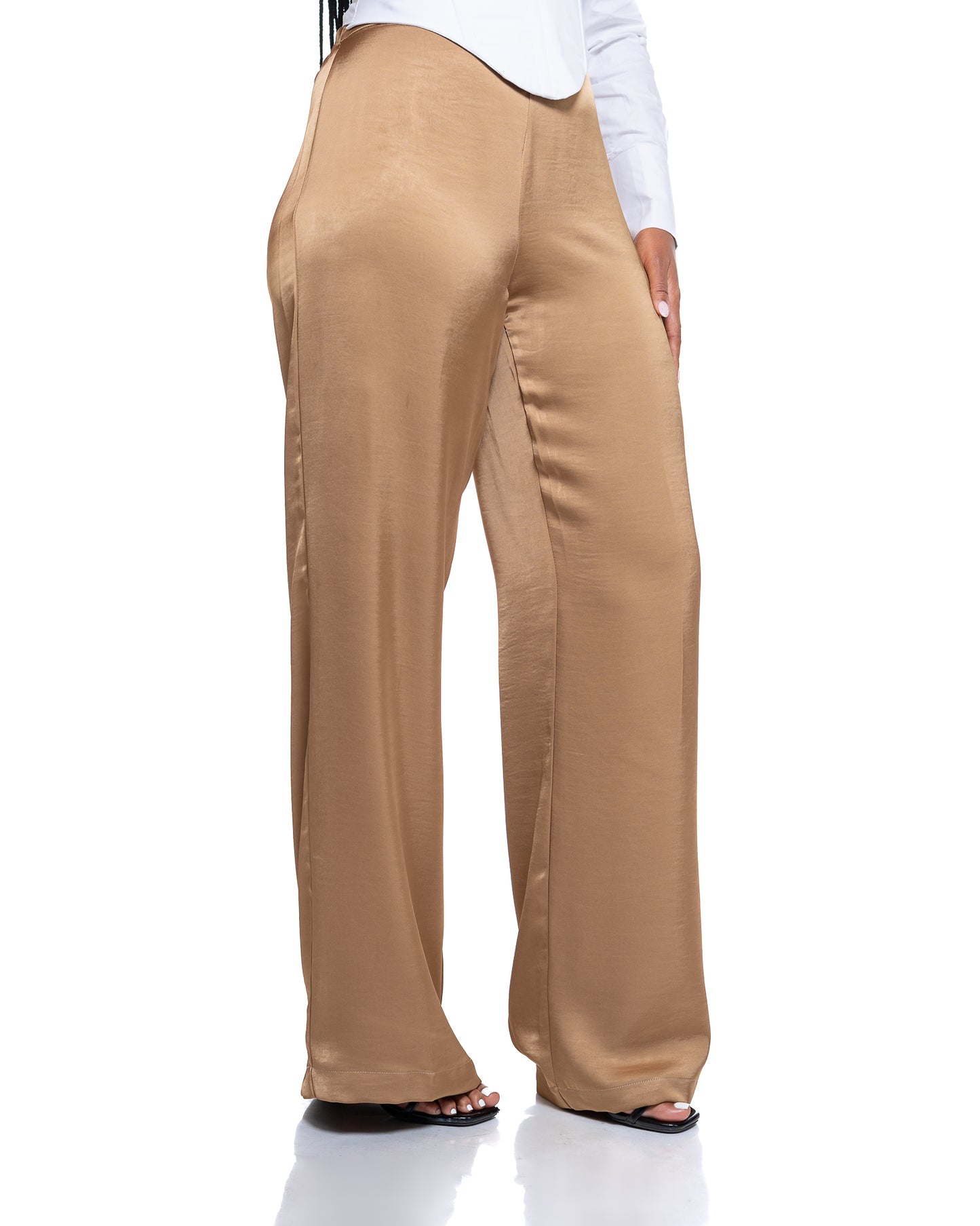 Molten Satin Wide Leg Pants in Tan