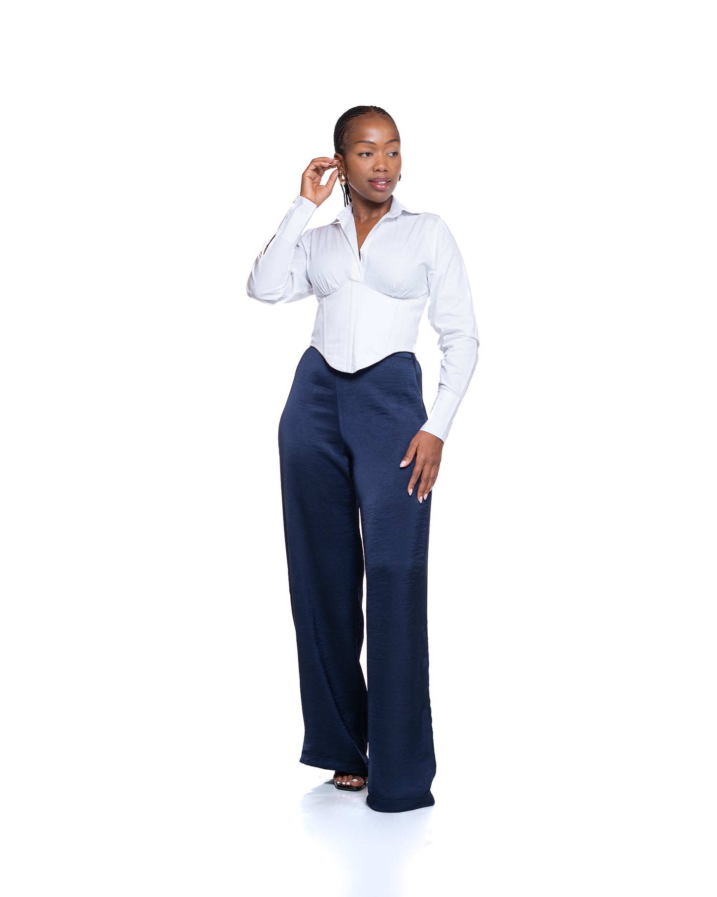 Molten Satin Wide Leg Pants in Navy