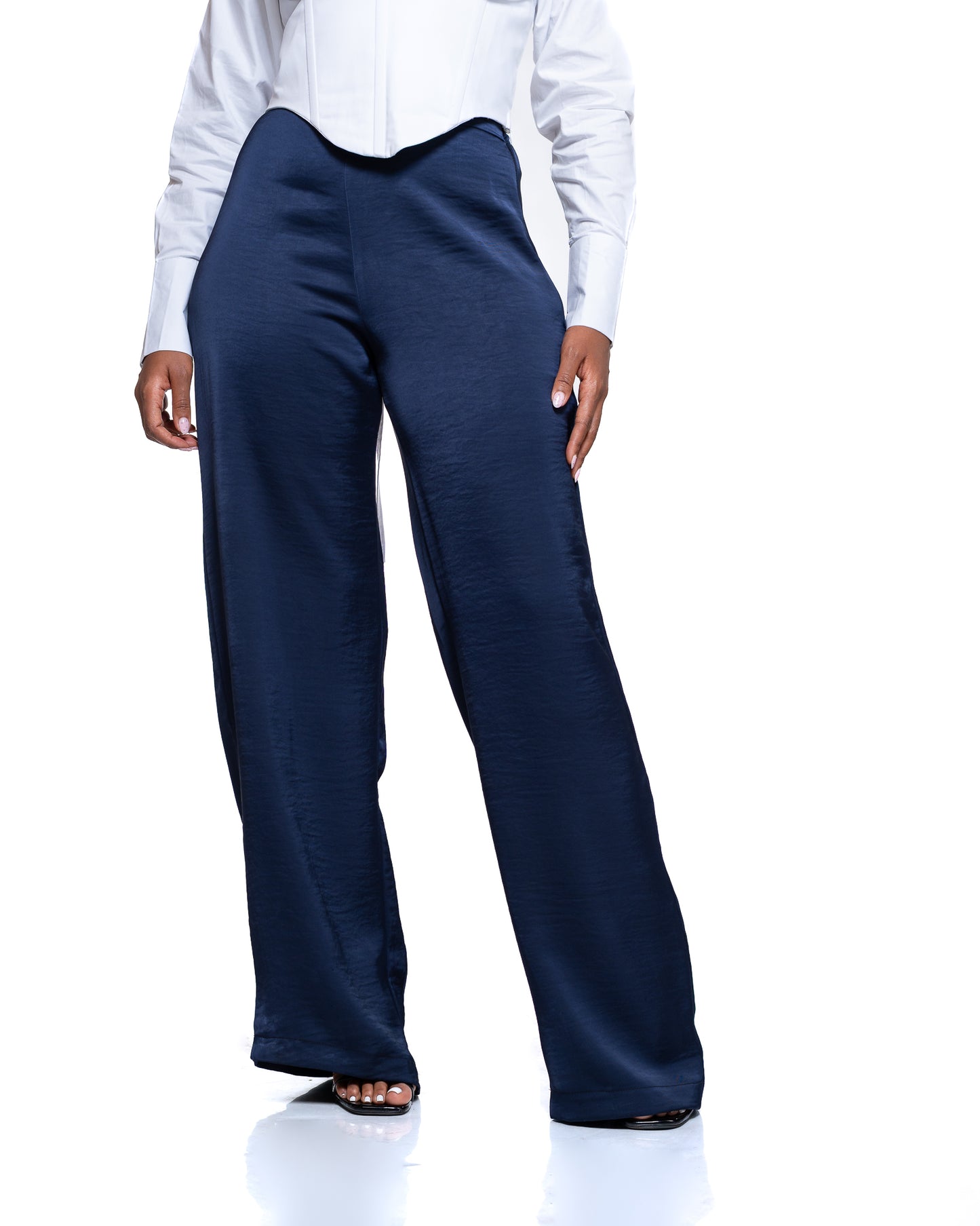Molten Satin Wide Leg Pants in Navy