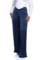 Molten Satin Wide Leg Pants in Navy
