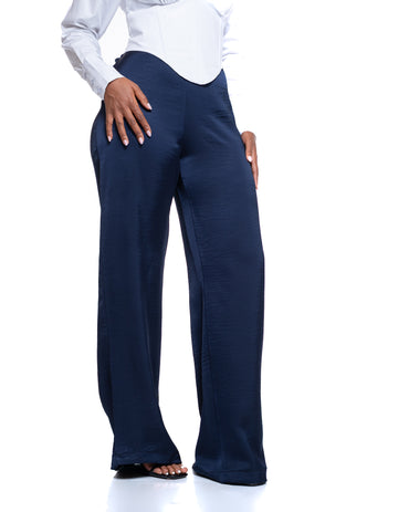 Molten Satin Wide Leg Pants in Navy