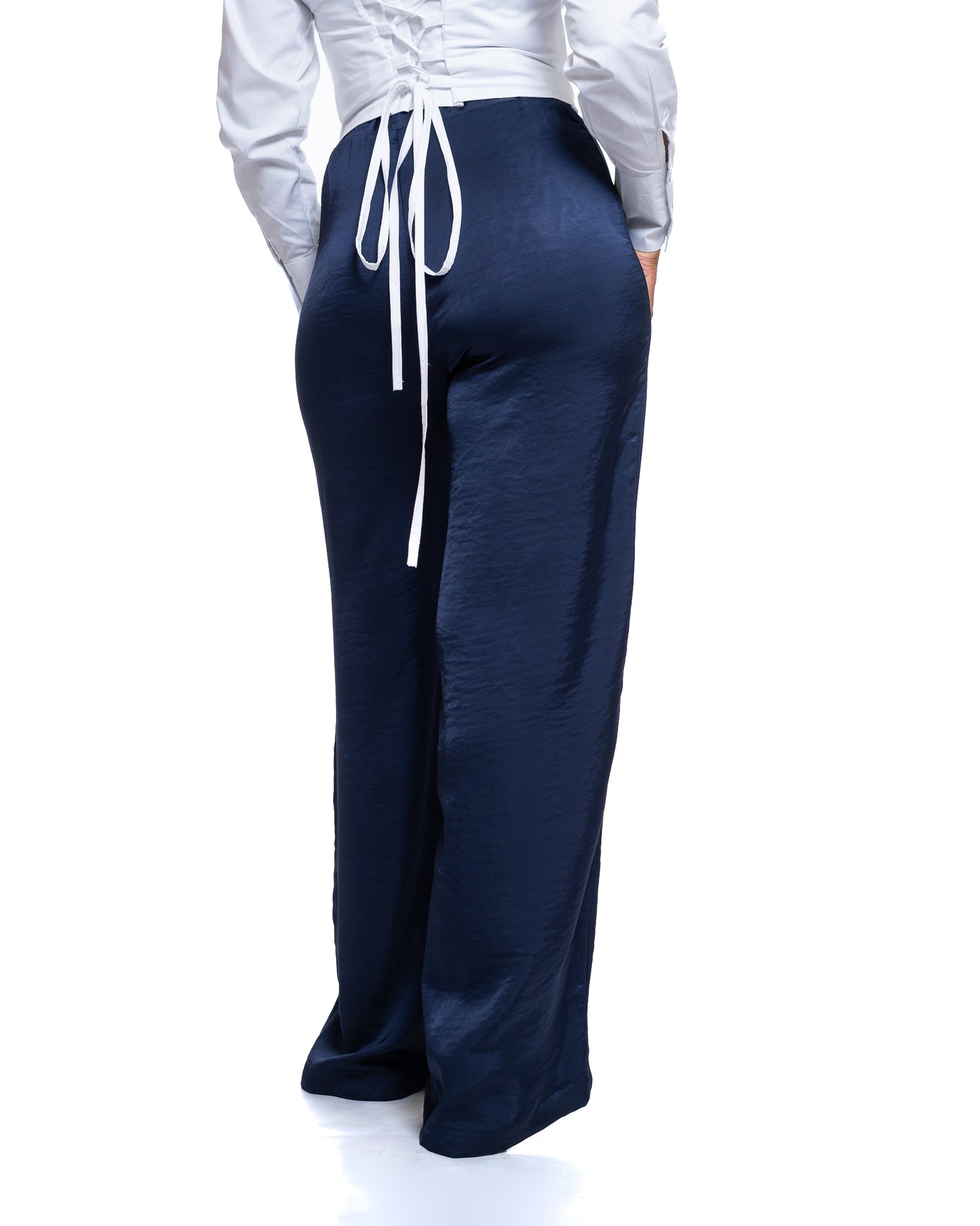 Molten Satin Wide Leg Pants in Navy