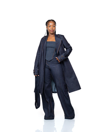 Women’s dark wash denim trench coat with belted waist and longline cut, stylish outerwear fashion Kenya.