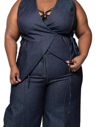 Denim sleeveless wrap top with dark wash finish, deep V-neckline, and side tie, women’s stylish denim blouse Kenya.