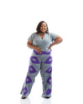 Grey and purple wide-leg knit pants made from 100% acrylic yarn, patterned women’s trousers for plus size and curvy fashion in Kenya.