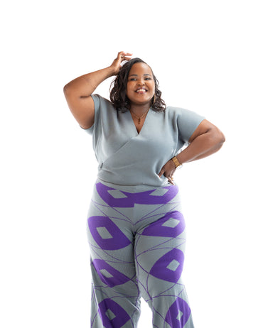 Grey and purple wide-leg knit pants made from 100% acrylic yarn, patterned women’s trousers for plus size and curvy fashion in Kenya.