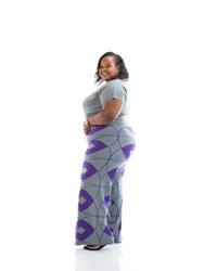 Grey and purple wide-leg knit pants made from 100% acrylic yarn, patterned women’s trousers for plus size and curvy fashion in Kenya.