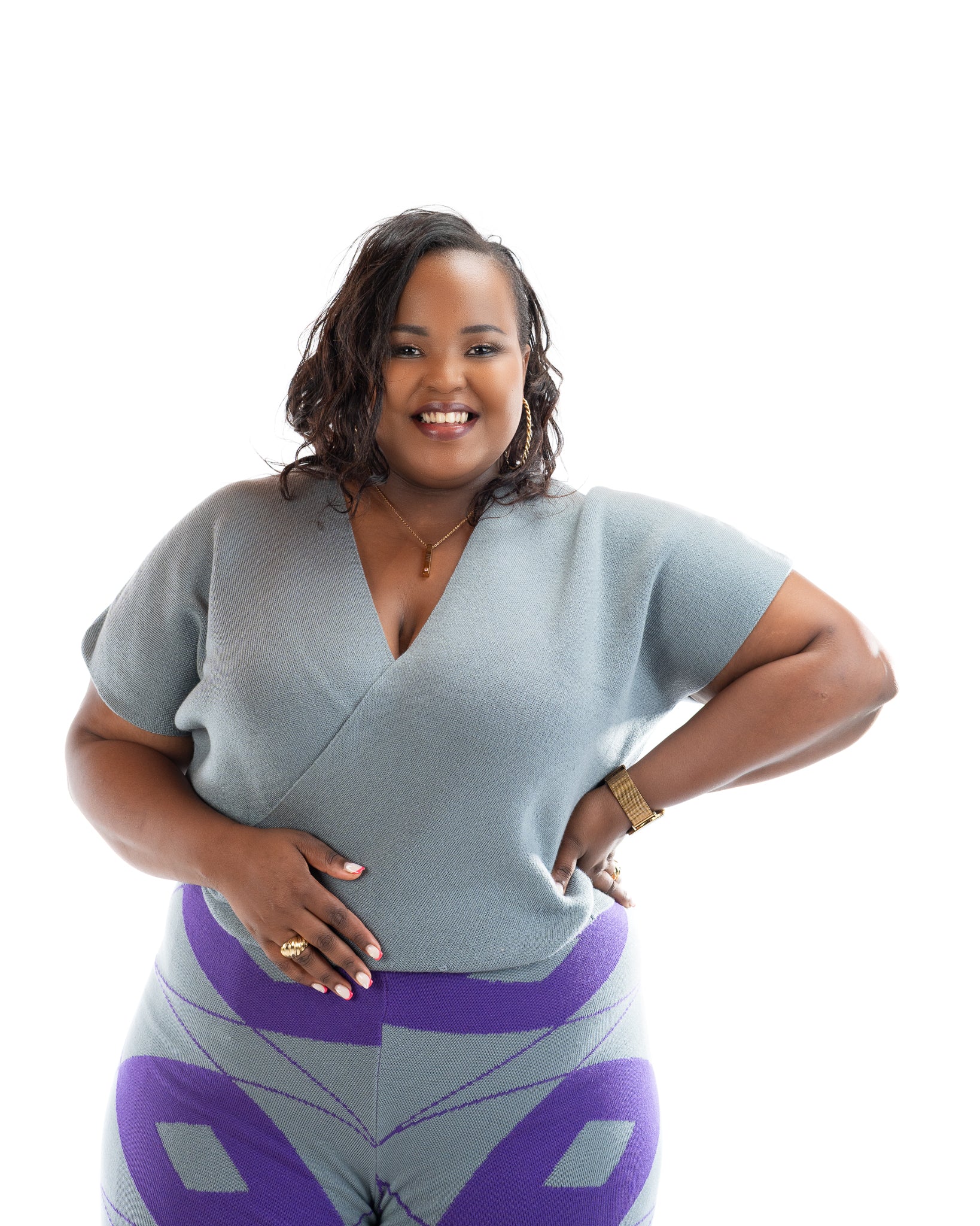 Grey and purple wide-leg knit pants made from 100% acrylic yarn, patterned women’s trousers for plus size and curvy fashion in Kenya.