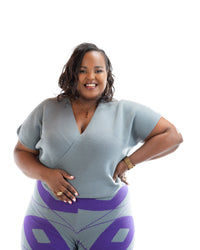 Grey and purple wide-leg knit pants made from 100% acrylic yarn, patterned women’s trousers for plus size and curvy fashion in Kenya.