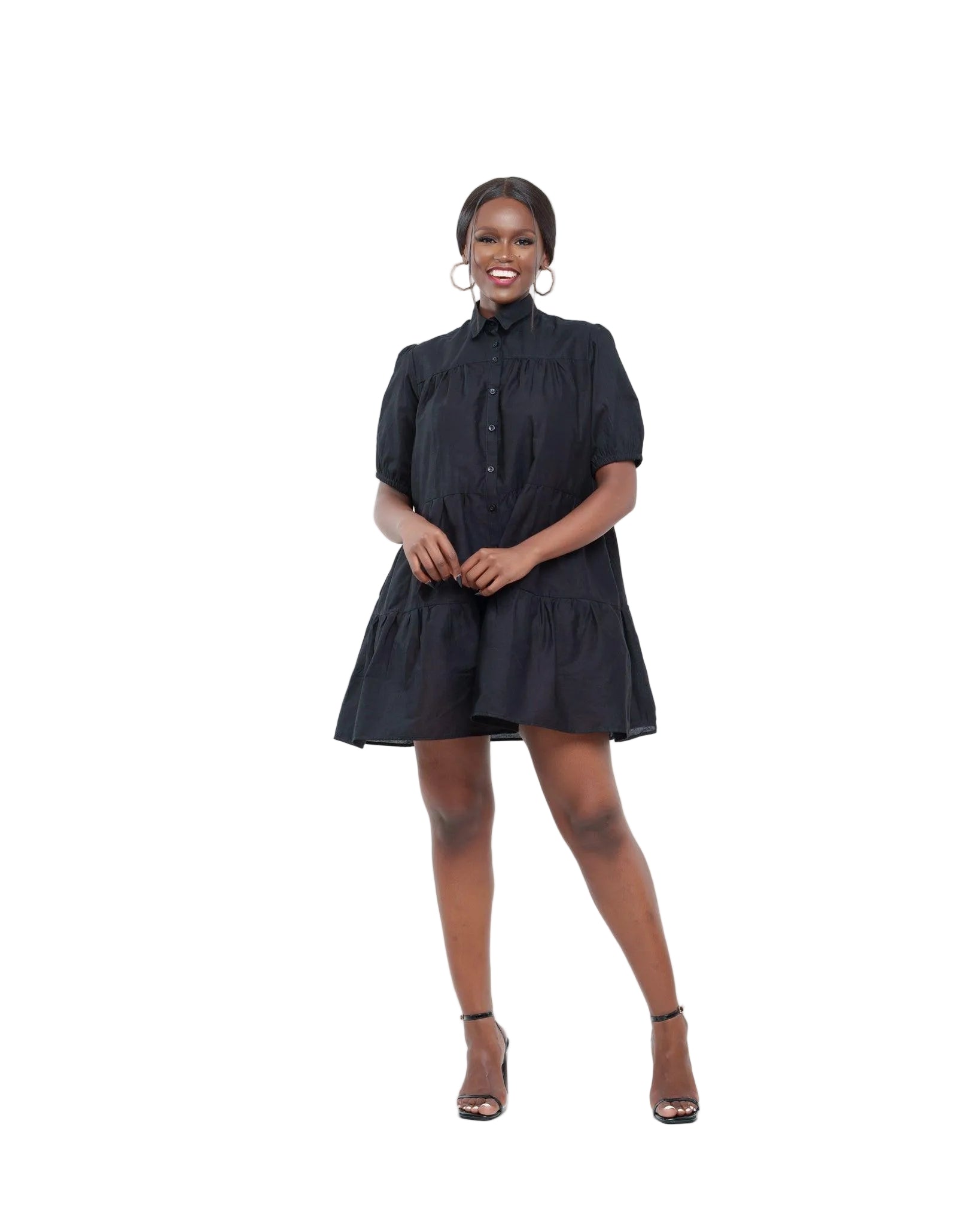 Sweet Nothings Tiered Shirt Dress in BLACK - Ikojn
