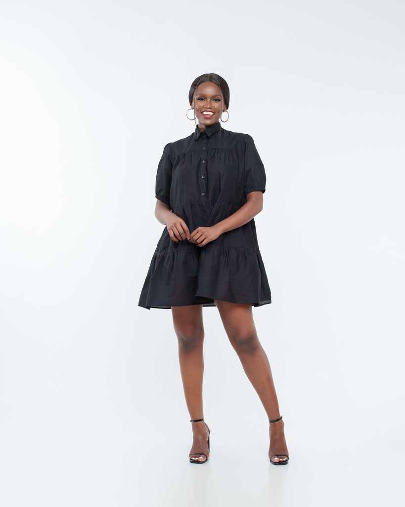Sweet Nothings Tiered Shirt Dress in BLACK - Ikojn